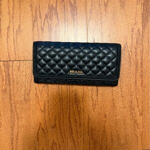 Prada Black Quilted Leather Long Wallet with Gold Logo
